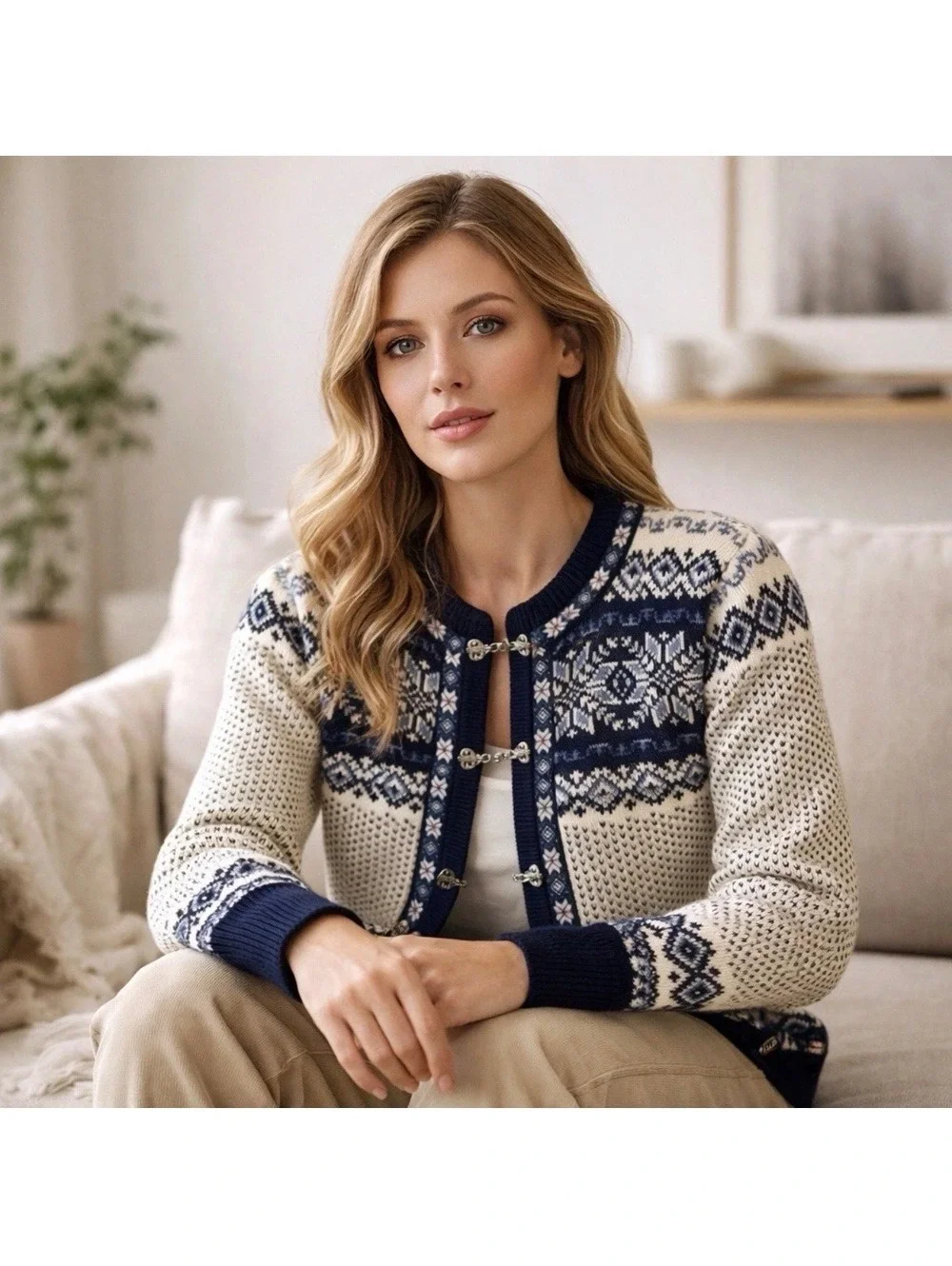 Dale of Norway Wool Nordic Cardigan Sweater Blue Cream Clasps NWOT M